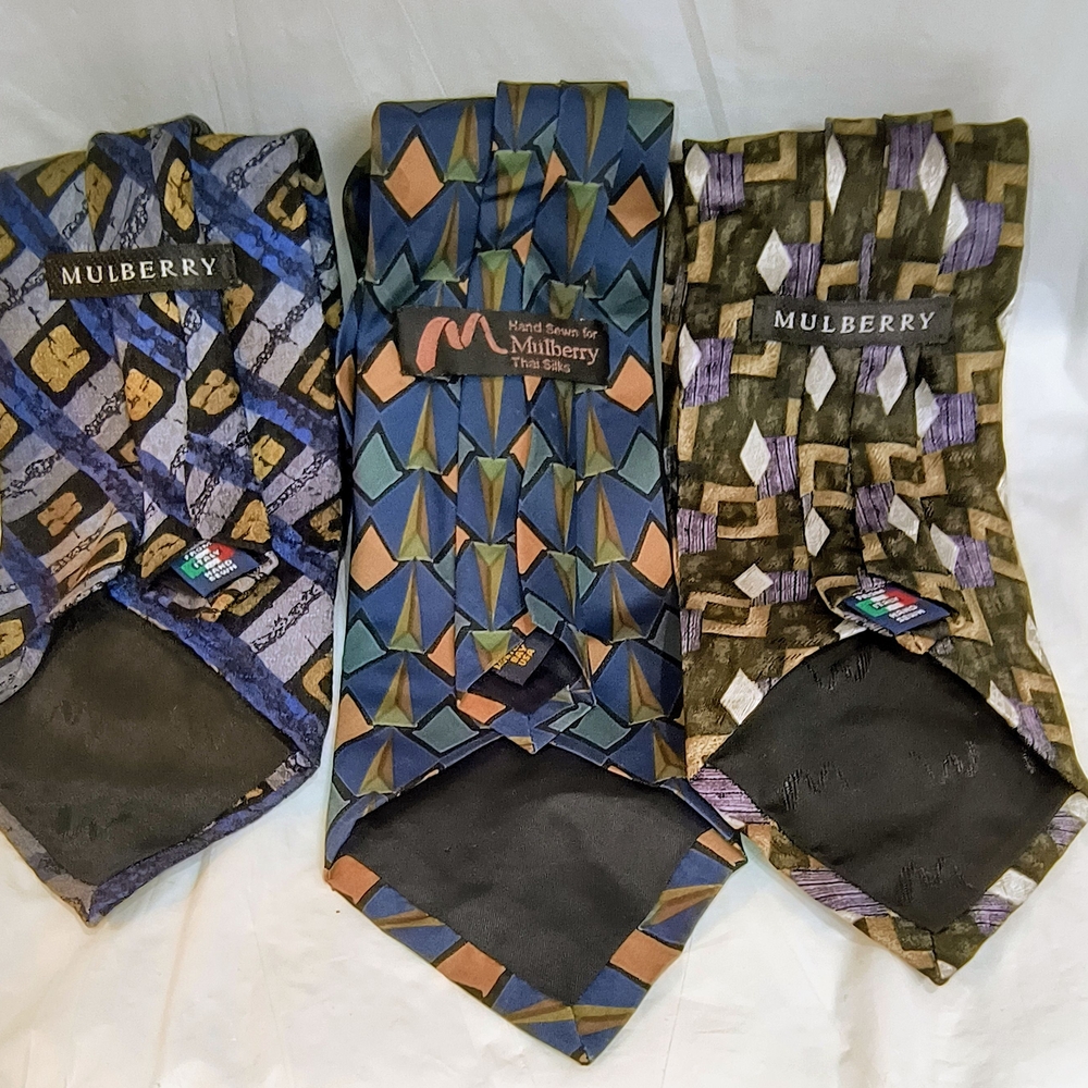 MULBERRY - 2 Mulberry Geometric Pattern Ties & 1 Thai Silk Tie Bundle‎